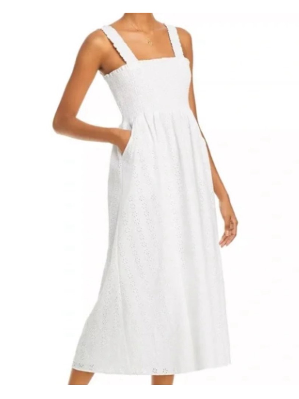 Aqua White Eyelet Smocked Midi Dress